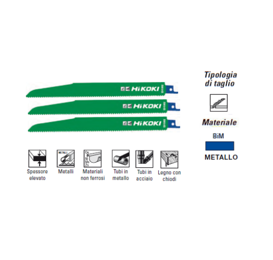 Immagine di LAMA PER SEGHETTO ALTERNATIVO FRONTALE BIM 225 mm KIT 3 PZ TAGLIO METALLO HIKOKI HITACHI