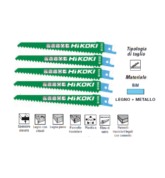 Immagine di LAME PER SEGHETTO ALTERNATIVO FRONTALE BIM 150 mm TAGLIO LEGNO METALLO KIT 5 PZ HIKOKI HITACHI