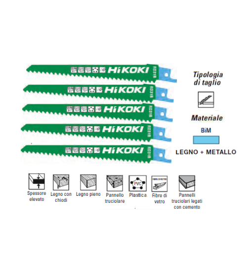 Immagine di LAME PER SEGHETTO ALTERNATIVO FRONTALE BIM 150 mm TAGLIO LEGNO METALLO KIT 5 PZ HIKOKI HITACHI