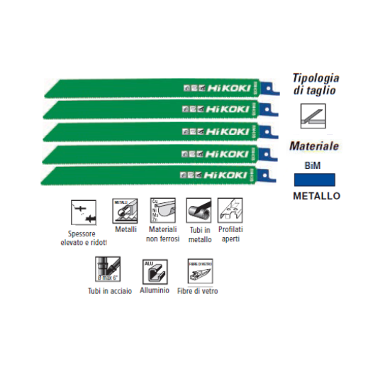 Immagine di LAME PER SEGHETTO ALTERNATIVO FRONTALE BIM 225 mm KIT 5 PZ TAGLIO METALLO HITACHI