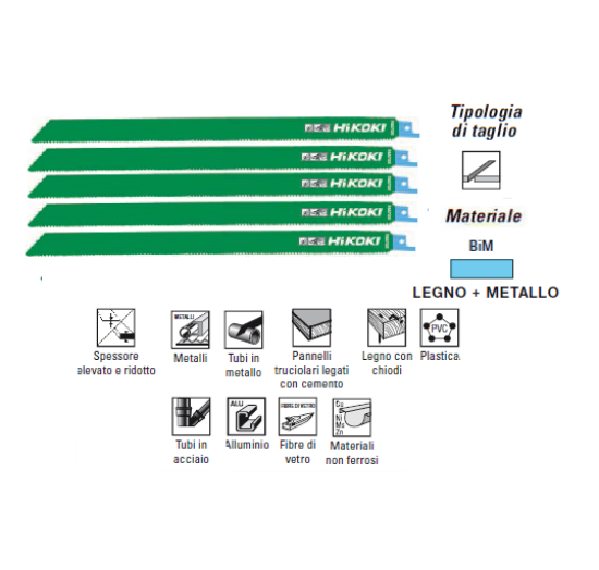 Immagine di LAME PER SEGHETTO ALTERNATIVO FRONTALE BIM 305 mm KIT 5 PZ TAGLIO LEGNO METALLO HIKOKI HITACHI