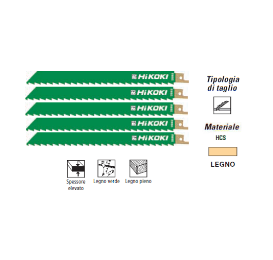 Immagine di LAME PER SEGHETTO ALTERNATIVO FRONTALE HCS 225 mm KIT 5 PZ PER TAGLIO LEGNO HITACHI