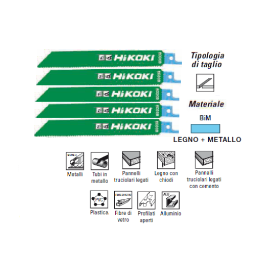 Immagine di LAME PER SEGHETTO ALTERNATIVO FRONTALE BIM 150 mm KIT 5 PZ PER TAGLIO LEGNO METALLO HIKOKI HITACHI