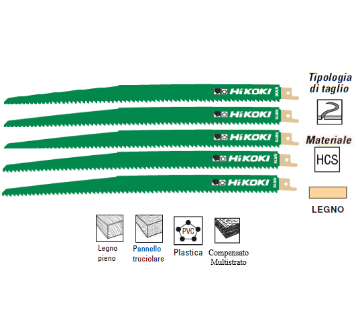 Immagine di LAME PER SEGHETTO ALTERNATIVO FRONTALE HCS 305 mm KIT 5 PZ TAGLIO LEGNO HIKOKI HITACHI
