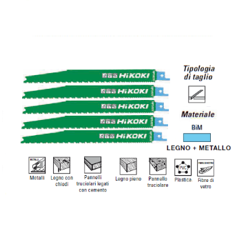 Immagine di LAME PER SEGHETTO ALTERNATIVO FRONTALE BIM 200 mm KIT 5 PZ TAGLIO LEGNO METALLO HIKOKI HITACHI