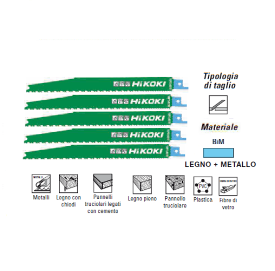 Immagine di LAME PER SEGHETTO ALTERNATIVO FRONTALE BIM 200 mm KIT 5 PZ TAGLIO LEGNO METALLO HIKOKI HITACHI