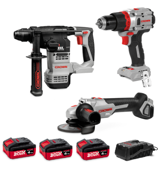 Immagine di KIT BATTERIA TRAPANO CON PERCUSSIONE CT21127HMX-4 BMC + TASSELLATORE CT28001HX-4 BMC + SMERIGLIATRICE CT23001-125HX-4 BMC VOLT 20 Ah 4,0 CROWN
